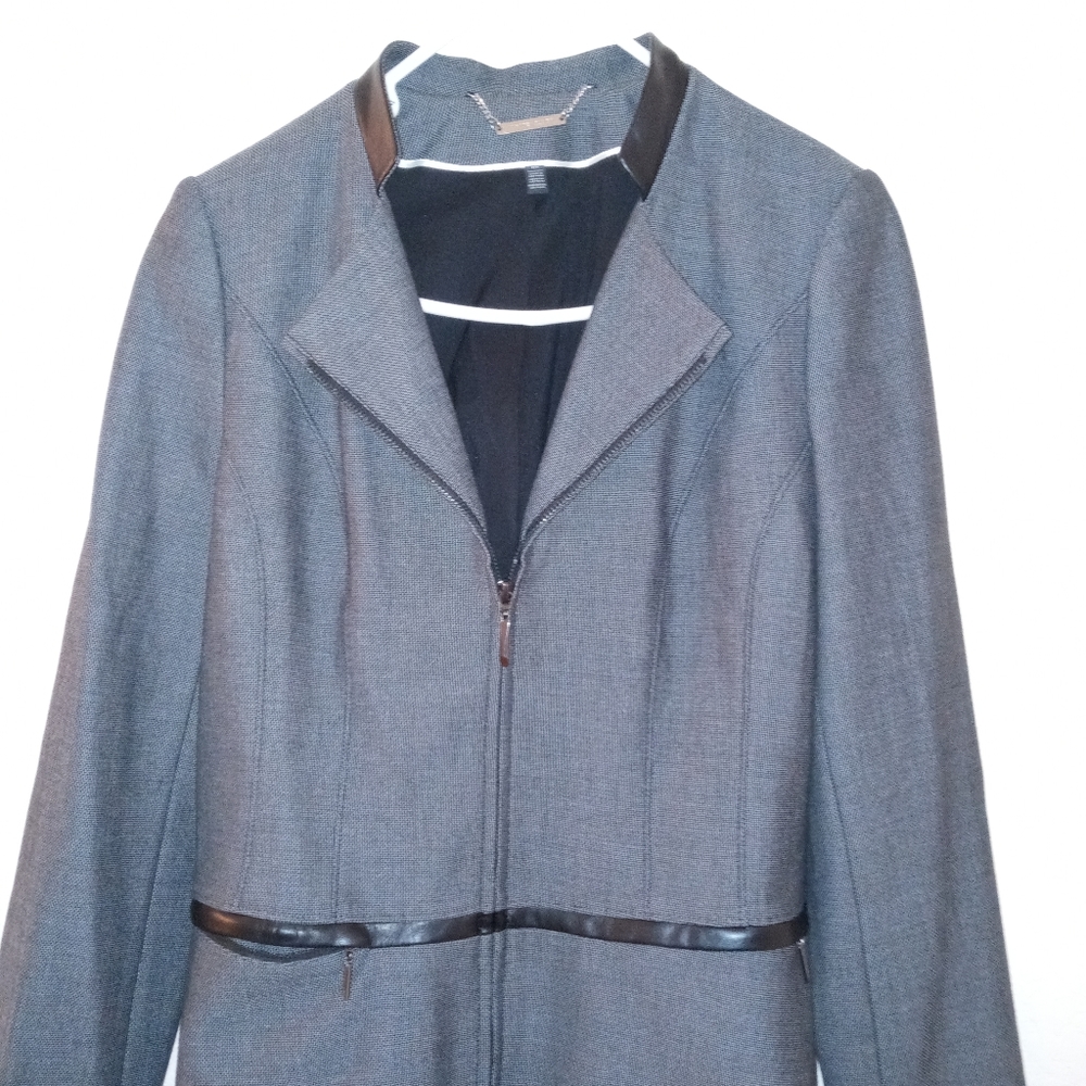 White House Black Market Charcoal Gray Blazer, faux leather trim.